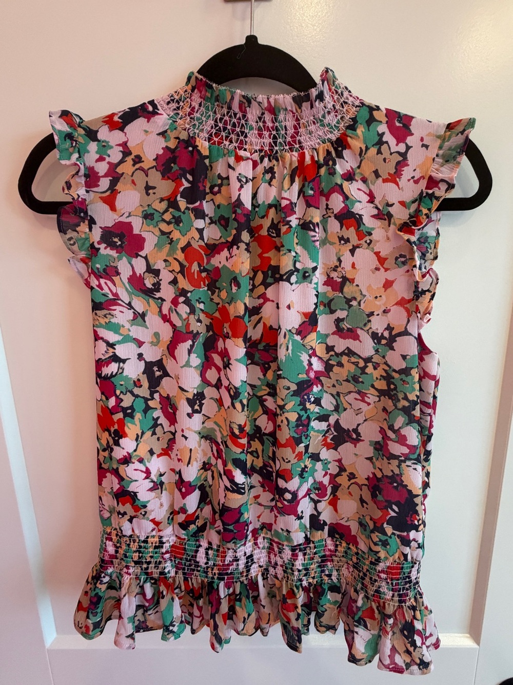 J Crew Sleeveless mockneck smocked top in splatter floral